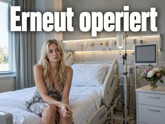 Frau sitzt auf einem Krankenhausbett neben Infusionsständer und Monitor