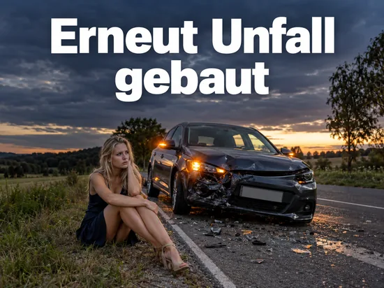 Frau sitzt am Strassenrand neben einem Auto mit verbeulter Front und eingeschaltetem Warnblinker