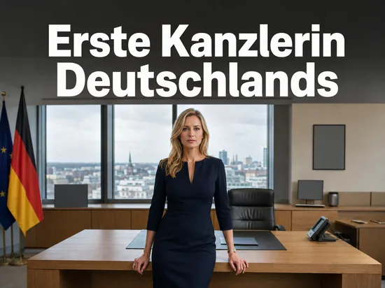 Frau steht in einem Regierungsbuero vor einem leeren Schreibtisch mit Fahnen