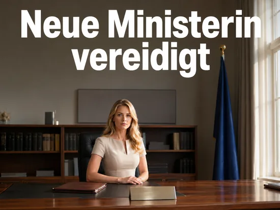 Frau an einem Schreibtisch in einem Ministerbüro mit Ledermappe und Fahne