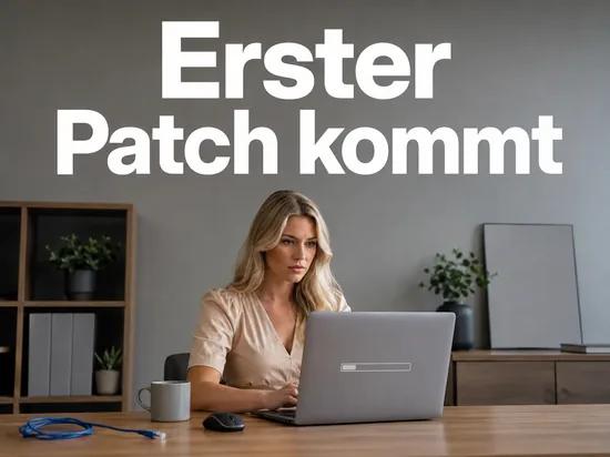 Schreibtisch mit Notebook, Fortschrittsbalken, Becher und Kabel