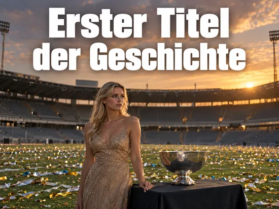 Frau im Abendkleid steht auf einem mit Konfetti bedeckten Rasen neben einer silbernen Schale