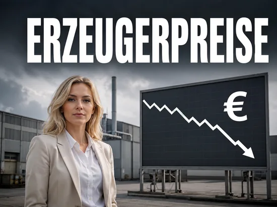 Sachliche blonde Geschaeftsfrau vor Industrieanlage und fallendem Kursdiagramm mit Euro-Zeichen, Symbolbild sinkende Erzeugerpreise in Deutschland