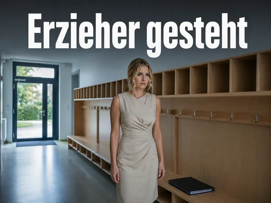 Frau in einem leeren Garderobenflur einer Kita mit Aktendeckel auf der Bank: Erzieher raeumt mehr als 100 Uebergriffe ein