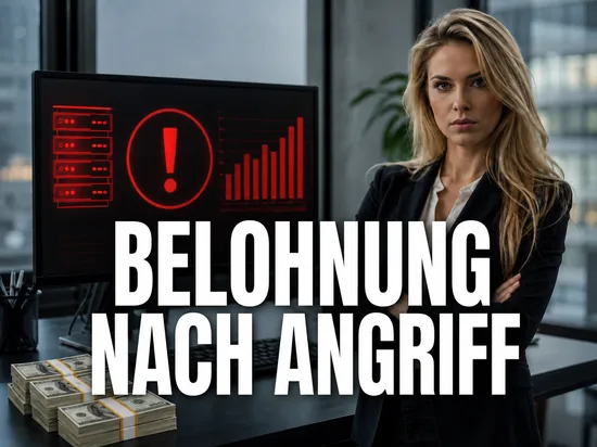 Blonde Geschaeftsfrau vor einem Monitor mit Serveralarm neben Geldbuendeln, Schriftzug Belohnung nach Angriff