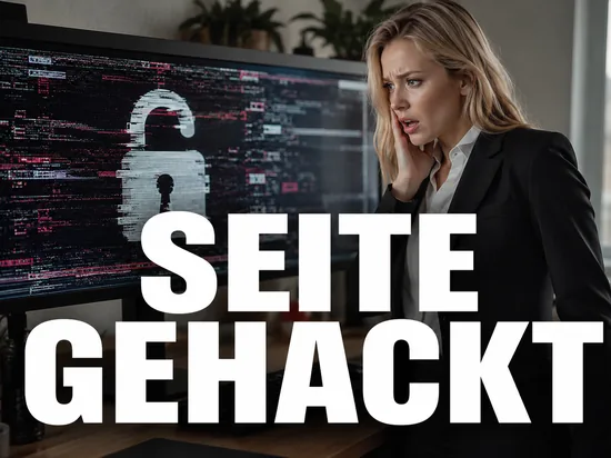 Blonde Geschaeftsfrau erschrickt vor einem Monitor mit gehackter Webseite und offenem Schloss, Schriftzug Seite gehackt