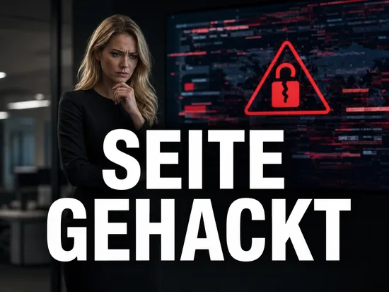 Besorgte blonde Geschäftsfrau vor einem Bildschirm mit gestörter Webseite, rotem Warndreieck und aufgebrochenem Schloss als Symbol für eine gehackte Website