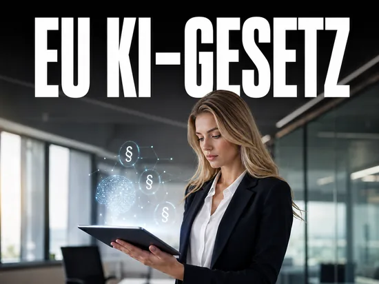 Blonde Geschaeftsfrau mit Tablet und KI-Symbolen, Symbolbild EU AI Act