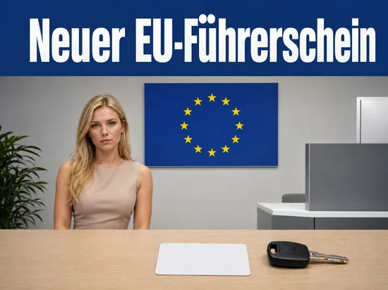 Plastikkarte und Autoschlüssel auf einem Tisch vor einer Europaflagge