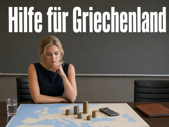 Frau am Konferenztisch vor einer Europakarte mit Münzstapeln und Taschenrechner