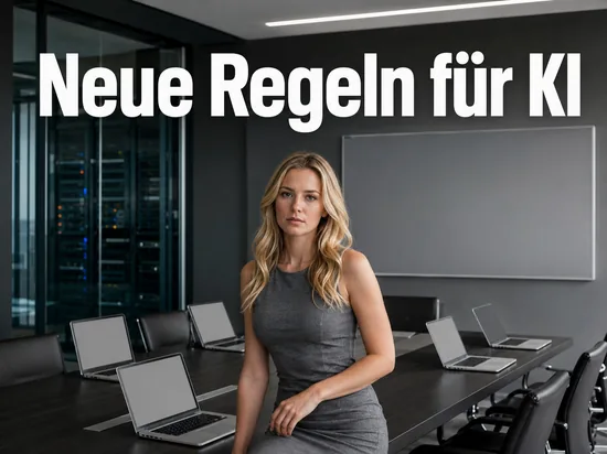 Frau in einem Sitzungssaal mit Notebooks und einem Serverschrank im Hintergrund