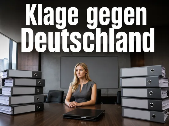 Frau sitzt an einem Konferenztisch zwischen hohen Stapeln von Aktenordnern