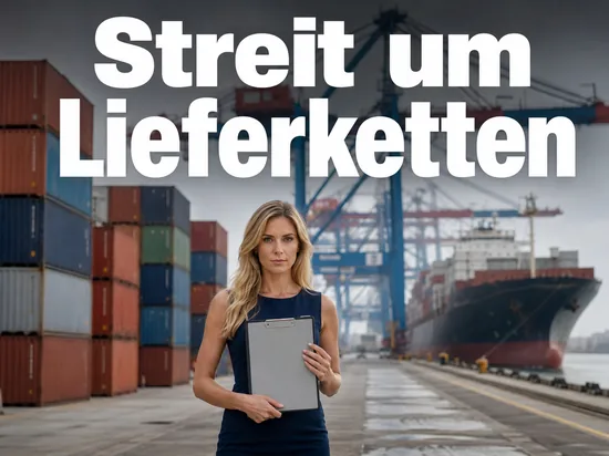 Frau mit Klemmbrett vor gestapelten Frachtcontainern in einem Hafen