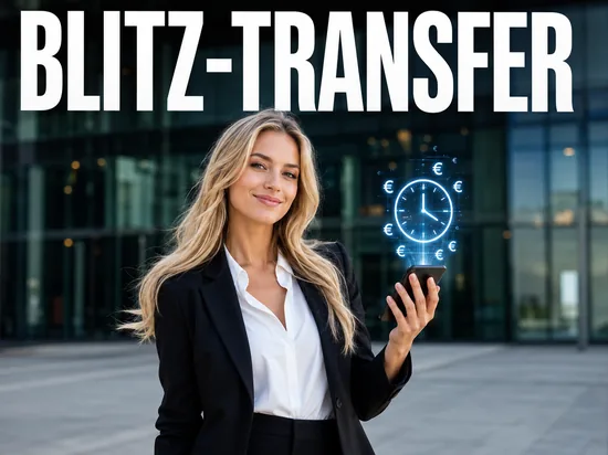Blonde Geschaeftsfrau mit Smartphone, Uhr und Euro-Symbolen, Symbolbild schnelle Ueberweisung
