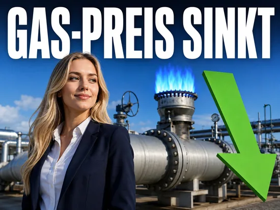 Blonde Geschaeftsfrau vor Gasleitung mit fallendem Preis, Symbolbild sinkender Gaspreis