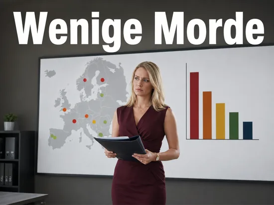 Frau mit Statistikmappe vor Europakarte und Balkendiagramm: Deutschland mit niedriger Mordrate im europaeischen Vergleich