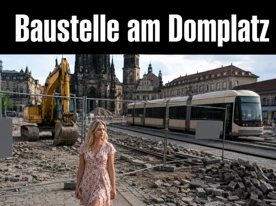 Baustelle an einer Straßenbahnhaltestelle vor historischer Altstadtkulisse mit Bagger und Bauzaun