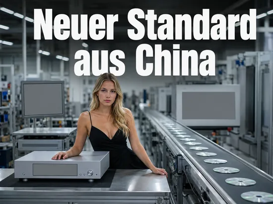 Frau in einer Fabrikhalle neben einem Förderband mit optischen Scheiben
