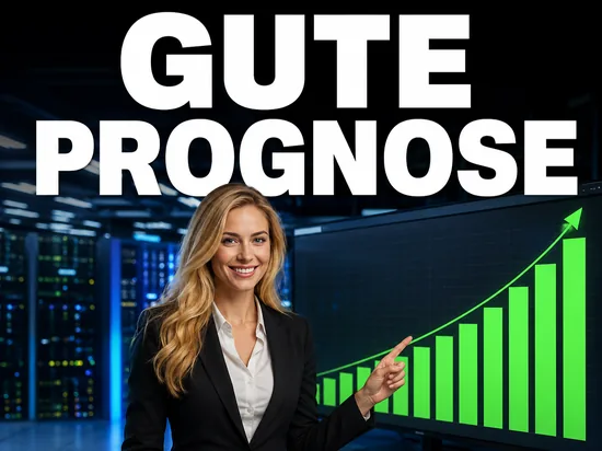 Selbstbewusste blonde Geschaeftsfrau vor steigendem Kurs, Symbolbild gute Prognose