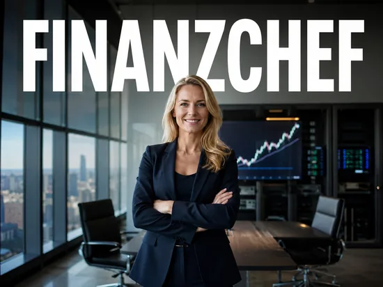 Selbstbewusste blonde Geschaeftsfrau im modernen Vorstandsbuero mit Serverschraenken und steigendem Kurs, Symbolbild Fuehrungsstabilitaet Finanzvorstand