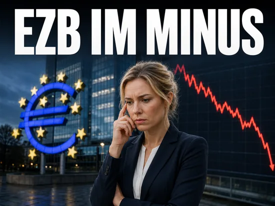 Europäische Zentralbank mit Milliardenverlust, besorgte Geschäftsfrau vor Euro-Symbol und fallendem Kurschart