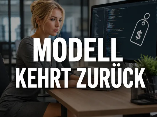 Entwicklerin am Monitor mit Programmcode und Preisschild-Symbol als Symbol fuer die Rueckkehr eines KI-Modells ins Abo