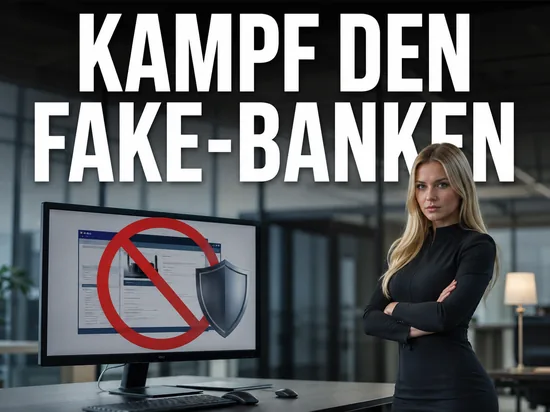 Blonde Frau vor Monitor mit gesperrter Fake-Bankseite und Schutzschild, Schriftzug Kampf den Fake-Banken
