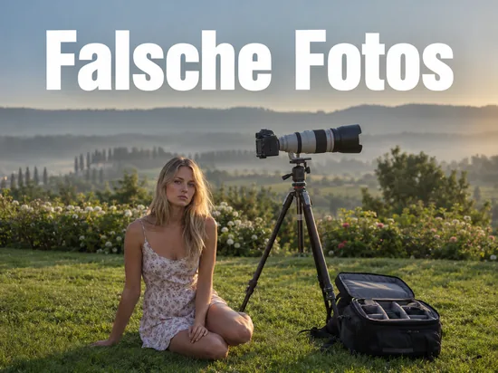 Frau sitzt im Gras neben einer Kamera mit Teleobjektiv auf dem Stativ