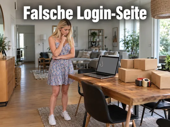 Frau blickt misstrauisch auf einen Laptop, an dem ein Angelhaken hängt, daneben Versandpakete