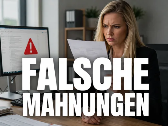 Blonde Geschaeftsfrau prueft veraergert eine Rechnung neben einem Postfach mit Warnsymbol, Schriftzug Falsche Mahnungen