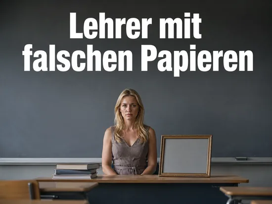 Frau am Lehrerpult mit leerem Bilderrahmen und Buchstapel vor einer Tafel