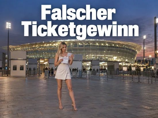 Frau prüft vor einem Fußballstadion am Abend skeptisch einen Briefumschlag und eine Karte