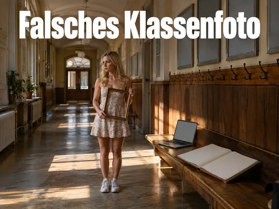 Frau mit leerem Bilderrahmen in einem alten Schulflur, auf der Bank ein Laptop und ein aufgeschlagenes Fotoalbum