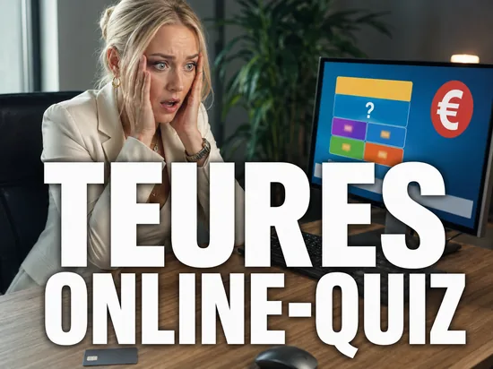 Blonde Geschaeftsfrau erschrickt vor einem Online-Quiz mit Euro-Warnsymbol, Schriftzug Teures Online-Quiz