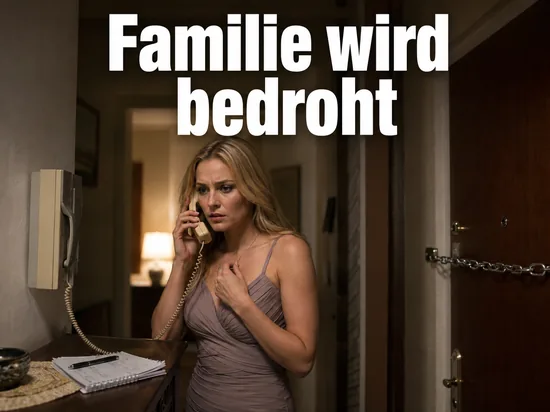 Frau am Wandtelefon in einem Wohnungsflur mit vorgelegter Sicherheitskette: Familie des Opfers erhaelt Drohanrufe