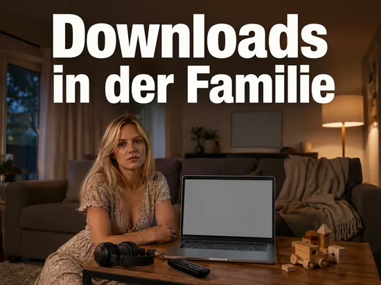 Wohnzimmer mit Laptop, Kopfhoerern und Holzspielzeug auf dem Couchtisch