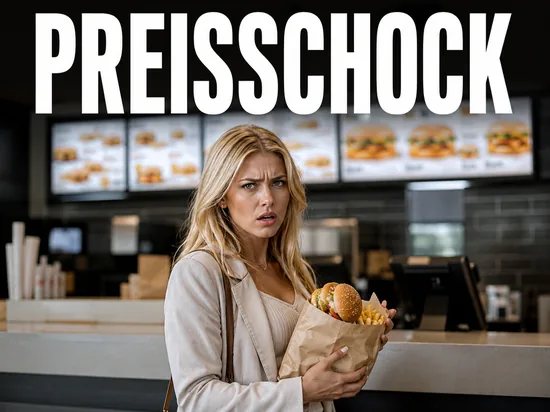 Veraergerte blonde Frau mit Burger-Tuete an generischem Fast-Food-Tresen, Symbolbild Preisschock bei Fast Food