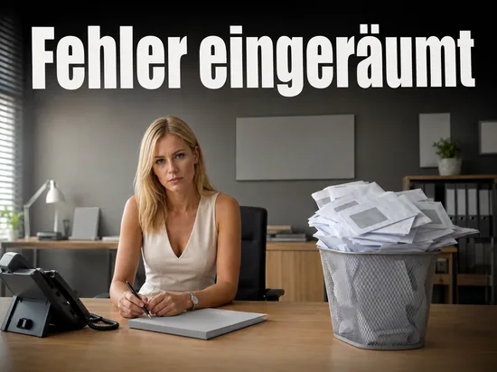 Frau sitzt an einem Schreibtisch neben einem Korb voller ungeoeffneter Briefe