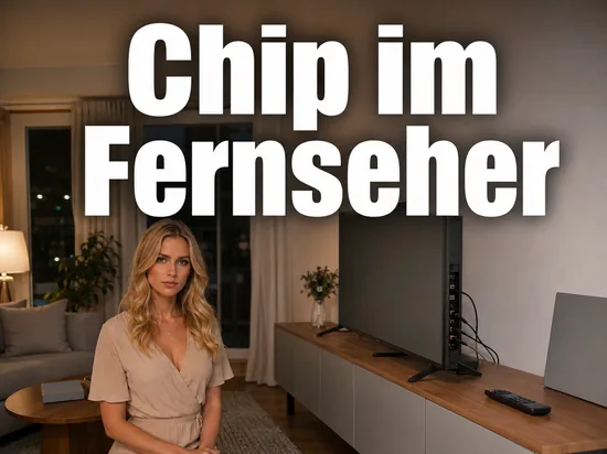 Frau im Wohnzimmer neben einem Fernseher, dessen Anschlussleiste sichtbar ist