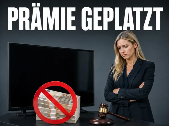 Gericht untersagt Prämien aus der Fernseherwette, Geschäftsfrau vor Fernseher mit durchgestrichenem Geldpreis und Richterhammer