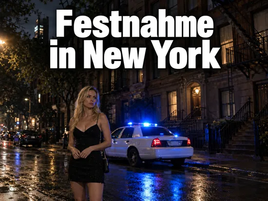 Frau steht nachts an einer New Yorker Strasse, dahinter ein Polizeiwagen mit Blaulicht