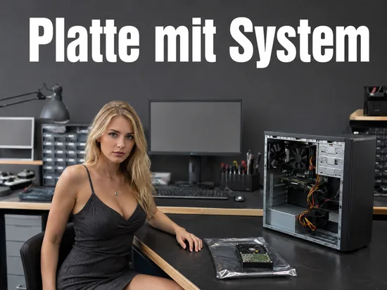 Frau in einer Werkstatt neben einer verpackten Festplatte und einem offenen PC