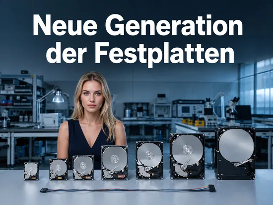 Frau im Labor mit mehreren Festplatten in einer Reihe