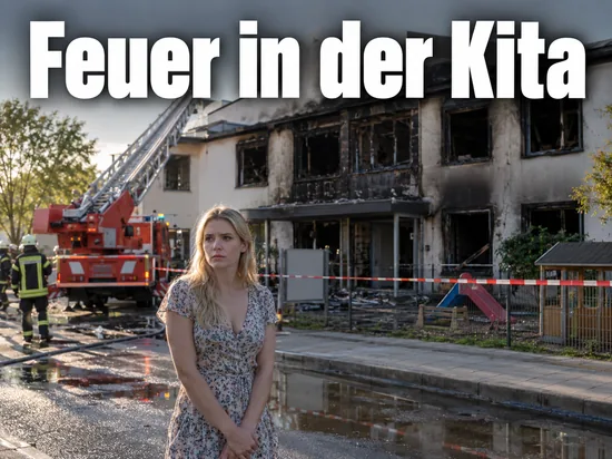 Frau steht vor einer ausgebrannten Kindertagesstaette, dahinter Absperrband und eine Feuerwehr-Drehleiter
