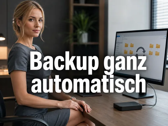 Geschaeftsfrau am Schreibtisch vor einem Monitor mit Dateimanager, Synchronisations-Pfeilen und externer Festplatte als Symbol fuer automatische Datensicherung
