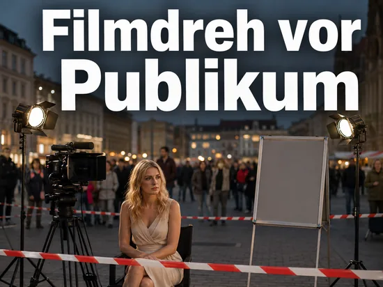 Abgesperrter Drehort auf einem Stadtplatz mit Filmkamera und Scheinwerfern