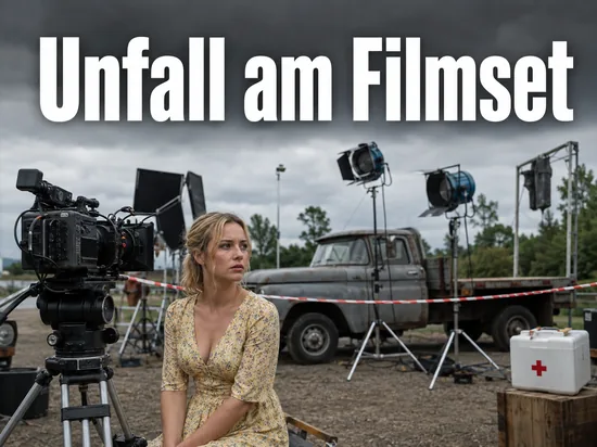 Filmset mit Kamera, Scheinwerfern und altem Pritschenwagen nach einem Unfall bei Dreharbeiten