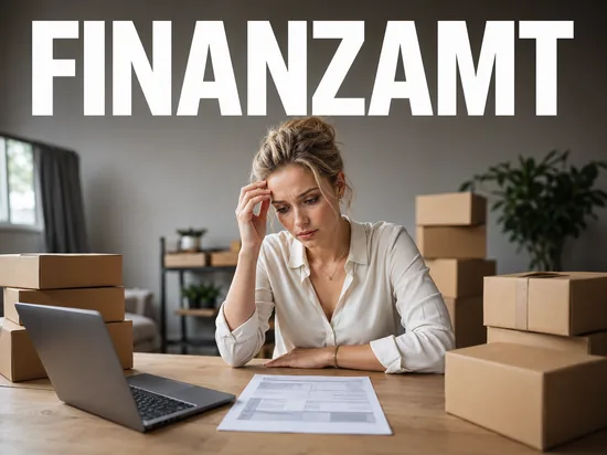 Besorgte blonde Frau am Schreibtisch mit Laptop, Steuerformular und Versandpaketen, Symbolbild Finanzamt prueft private Online-Verkaeufer