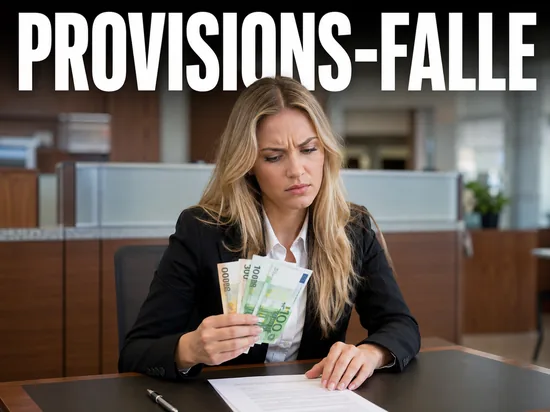 Blonde Frau prueft skeptisch Finanzvertrag und Euro-Geld, Symbolbild Provisions-Falle
