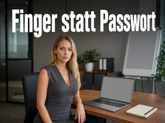 Blonde Frau im Büro am Tisch mit aufgeklapptem Notebook mit Fingerabdrucksensor